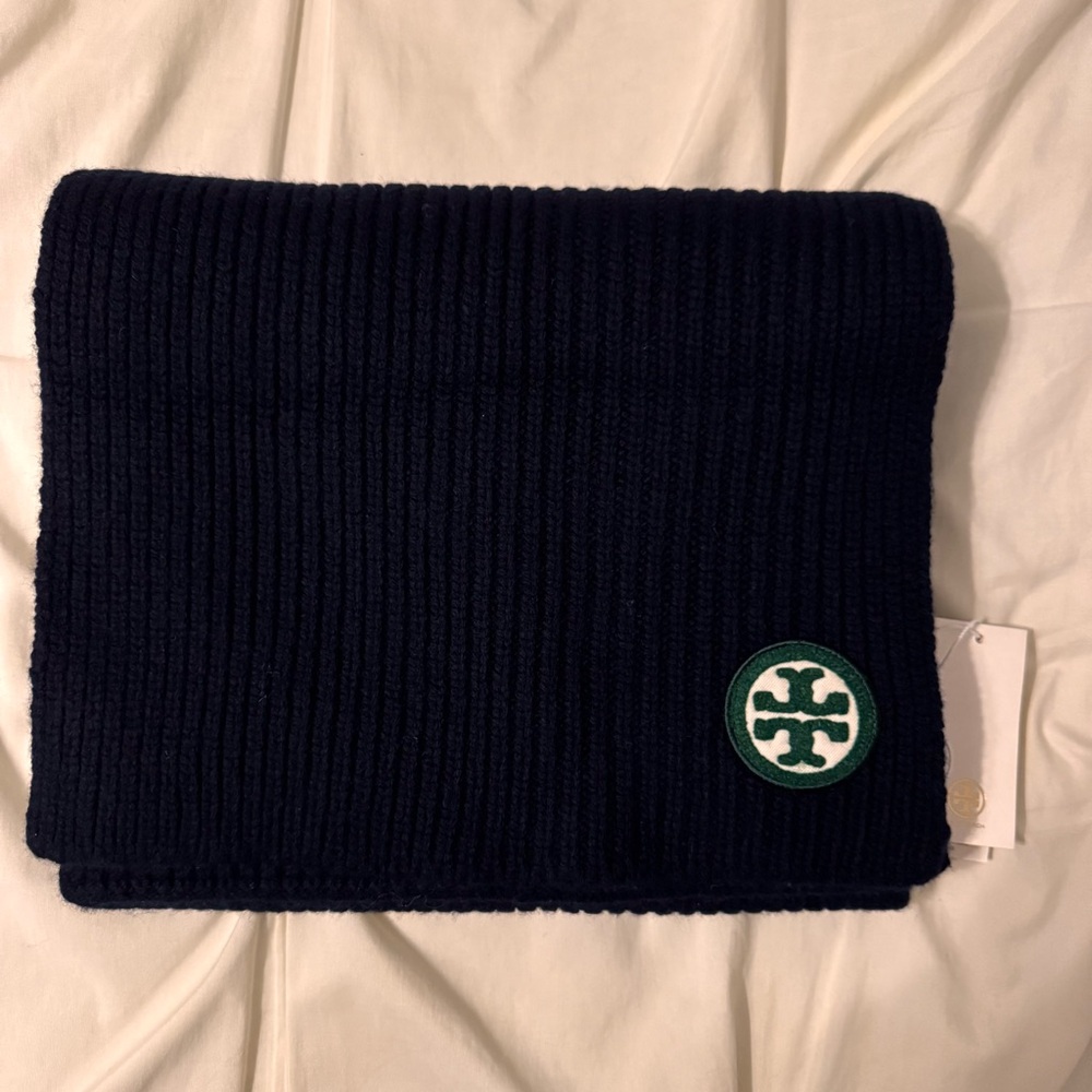 Tory Burch Dark Blue Knit Scarf with Orange Logo